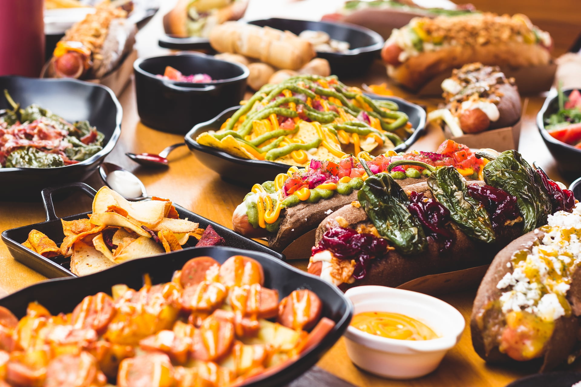 Served snacks and dishes on table